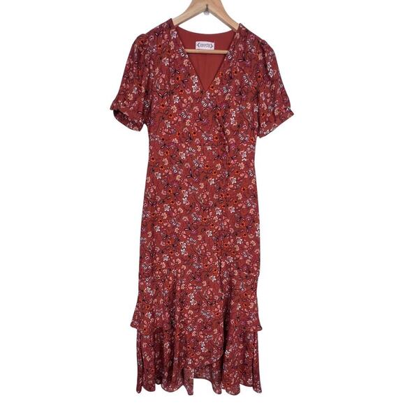 Nanette Lepore FULL BUTTON Floral Rust Midi Tiered Cross Over Women's Dress 4 - Picture 1 of 12